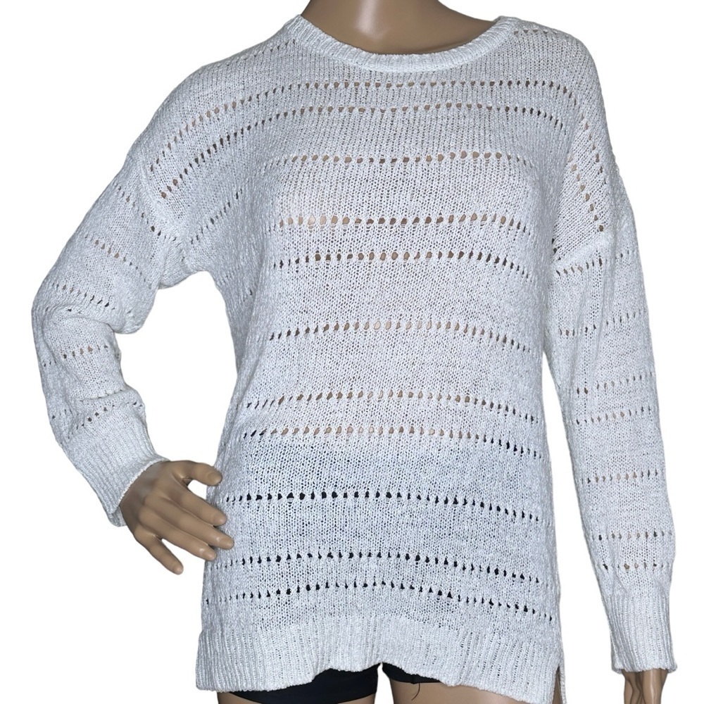 Pointelle white open knit sweater, medium